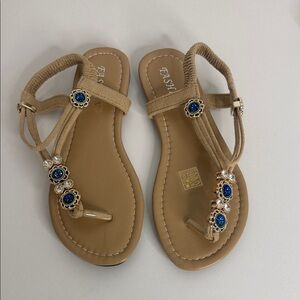 Beaded Tan Sandals with Blue Accents